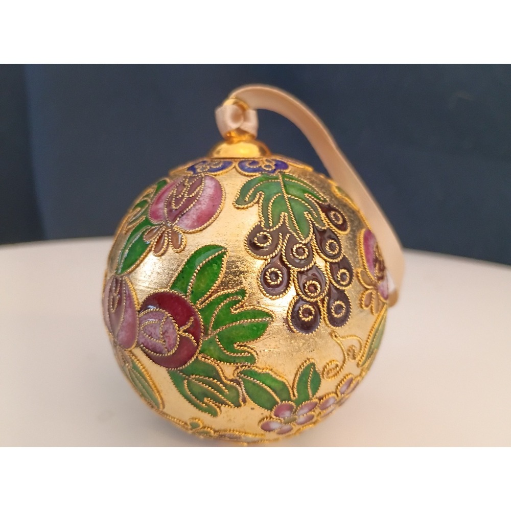 Vintage Cloisonne Enamel Christmas Ornament Gold Floral Pomegranate Grape Bauble - Picture 2 of 3